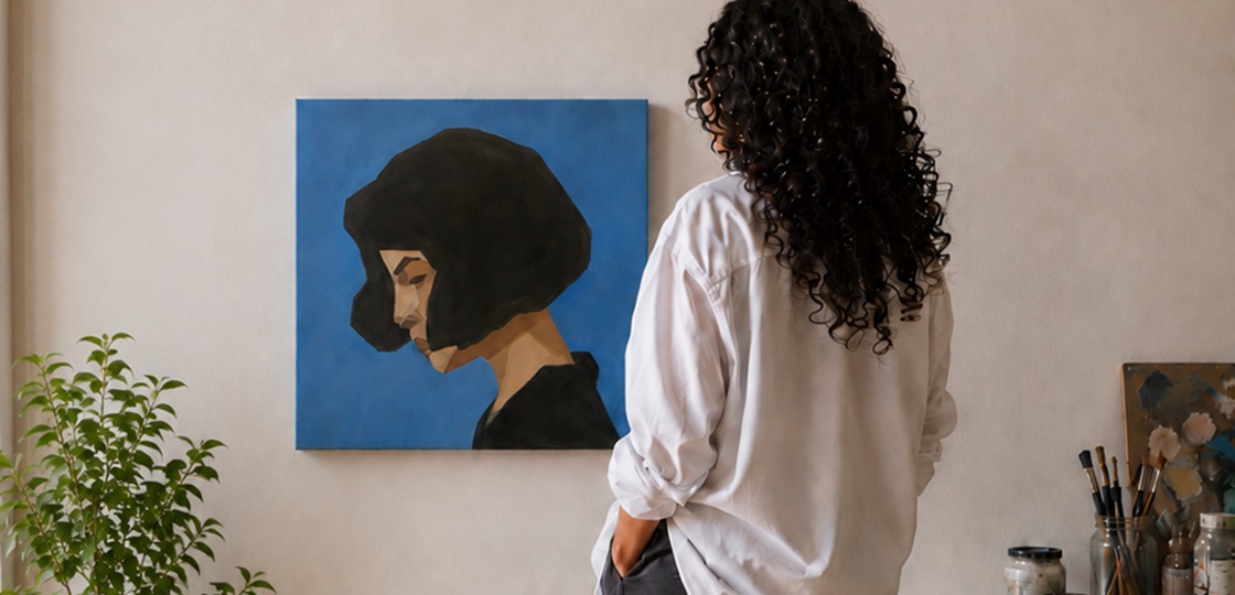 Trinidad Peña standing before a blue-toned portrait painting in her studio.